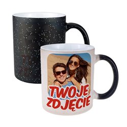 Kubek magiczny z Twoim zdjęciem, grafiką lub tekstem - czarny z brokatem.
