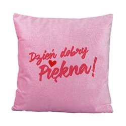 Brokatowa poduszka z napisem "Dzień dobry Piękna" 40 x 40 cm.