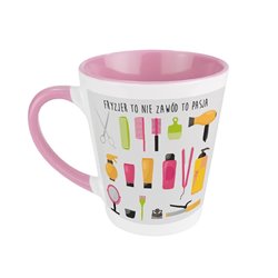 Kubek latte z napisem "Fryzjer to nie zawód, to pasja".