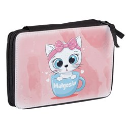 Duży piórnik dwukomorowy dla pierwszoklasisty - Kotek w filiżance - zmień imię.