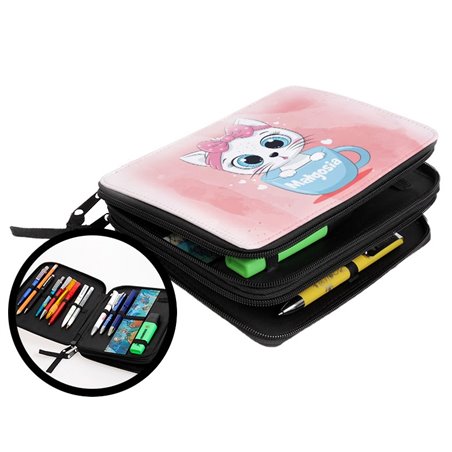 Duży piórnik dwukomorowy dla pierwszoklasisty - Kotek w filiżance - zmień imię.