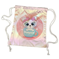 Worko-plecak holograficzny różowy z imieniem- Kotek w filiżance.
