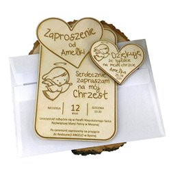 Komplet zaproszenie + magnes z podziękowaniami ze sklejki - chrzest, komunia.