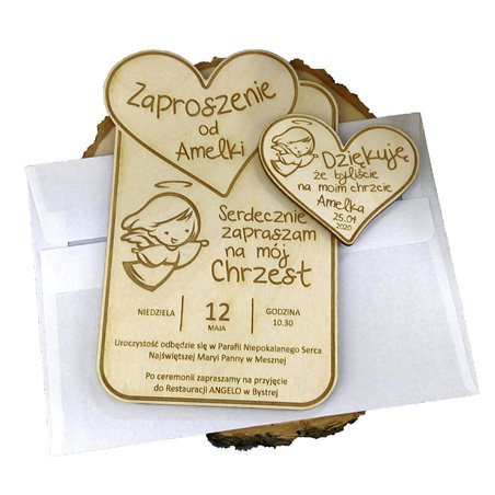 Komplet zaproszenie + magnes z podziękowaniami ze sklejki - chrzest, komunia.