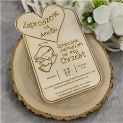 Komplet zaproszenie + magnes z podziękowaniami ze sklejki - chrzest, komunia. 2