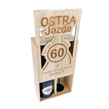 Skrzynka na wino lub szampana z kieliszkiem na urodziny "Ostra Jazda".