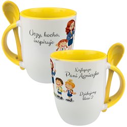 Kubek z łyżeczką dla nauczyciela "Kocha, uczy, inspiruje Najlepsza Pani".