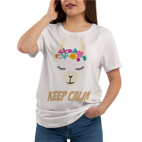 Koszulka z nadrukiem biała (T-shirt) "Keep Calm Lama".