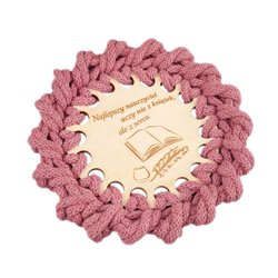 Zestaw: różowa pleciona podkładka pod kubek oraz różowa zakładka do książki- specjalnie dla nauczyciela - wzór 2. 2