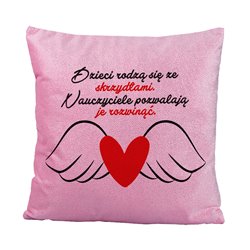 Brokatowa poduszka z napisem "Skrzydła"- świetny prezent z okazji Dnia Nauczyciela- 40 x 40 cm.