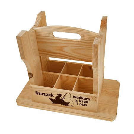 Dwufunkcyjny taboret, krzesełko, nosidło drewniane na piwa z grawerem.