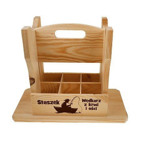 Dwufunkcyjny taboret, krzesełko, nosidło drewniane na piwa z grawerem.