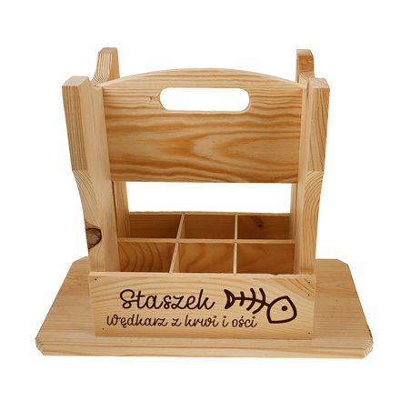 Dwufunkcyjny taboret, krzesełko, nosidło drewniane na piwa z grawerem.
