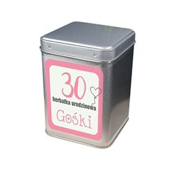 "Herbata urodzinowa + imię" - wspaniały pomysł na prezent - personalizowana puszka na herbatę dla mamy lub innej ważnej osoby.