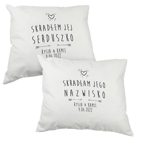 Zestaw poduszek dla pary "Skradłem jej serduszko / Skradłam mu nazwisko" - 60 x 50cm- prezent z okazji ślubu.