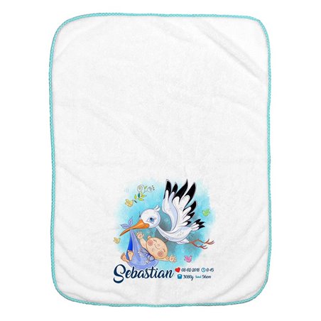 Kocyk z imieniem dla noworodka z metryczką-bocian.