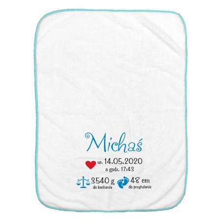Kocyk z imieniem dla noworodka z metryczką.