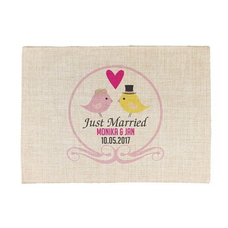 Podkładka lniana (z imitacji lnu) z imionami Młodej Pary i datą ślubu - wersja ptaszki.