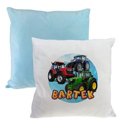 Pluszowa poduszka "Traktory" - personalizacja - podaj imię- niebieski tył.