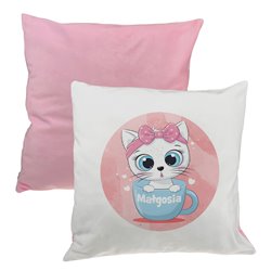 Pluszowa poduszka "Kotek w filiżance" - personalizacja - podaj imię- różowy tył.