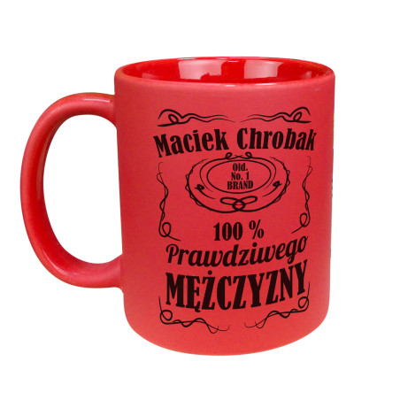 Matowy kolorowy kubek "100% prawdziwego mężczyzny" - fajny prezent dla faceta.