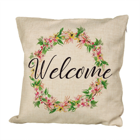 Poduszka lniana (imitująca len) z nadrukiem "Welcome"- różne wzory.