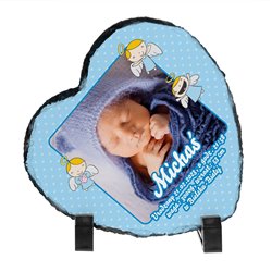 Foto granit (płyta granitowa) w kształcie serca ze zdjęciem na chrzest, metryczka.