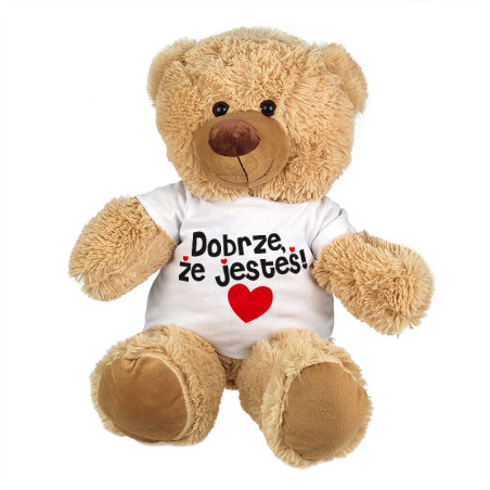Maskotka miś duży z grafiką "Dobrze, że jesteś" - ok. 55-60cm.