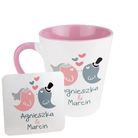 Zestaw - kubek latte z podkładką na kubek - dla młodej pary na ślub.