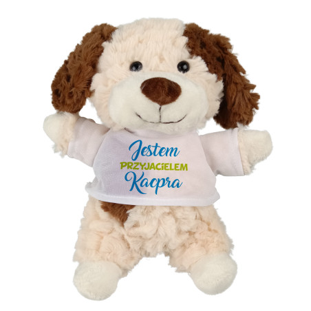 Puszysty piesek z grafiką "Jestem przyjacielem Twojego dziecka"-podaj imię- 18cm.