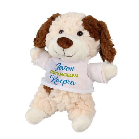 Puszysty piesek z grafiką "Jestem przyjacielem Twojego dziecka"-podaj imię- 18cm.