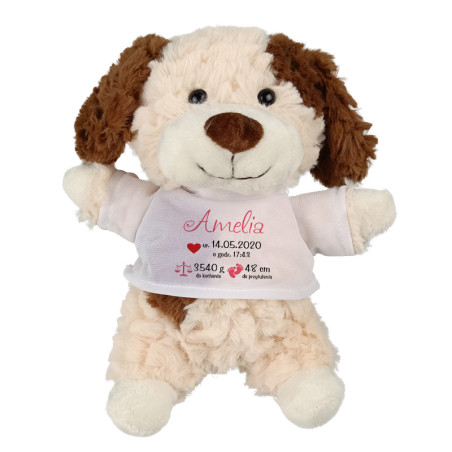 Puszysty piesek z grafiką "Metryczka"-podaj imię- 18cm.