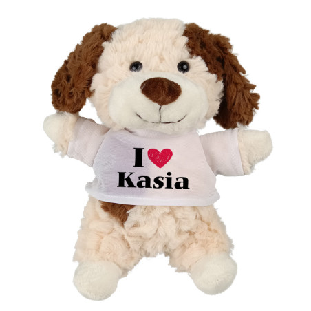Puszysty piesek z grafiką "I love + imię"- 18cm.