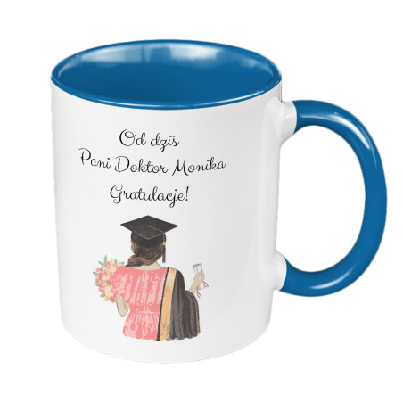 Kubek 330ml kolorowy dla świeżo upieczonej Pani doktor- Gratulacje od dziś Pani Doktor z imieniem.