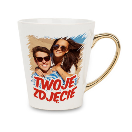Biały kubek latte ze złotym uchwytem - z Twoim zdjęciem, grafiką lub tekstem.