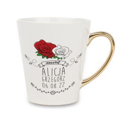 Biały kubek latte ze złotym uchwytem dla Młodej Pary-...