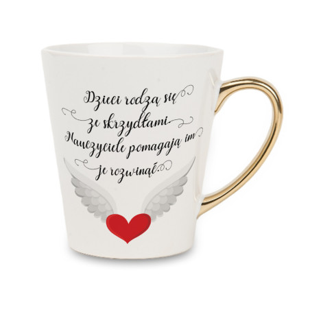 Biały kubek latte ze złotym uchwytem - Skrzydła wzór 1.