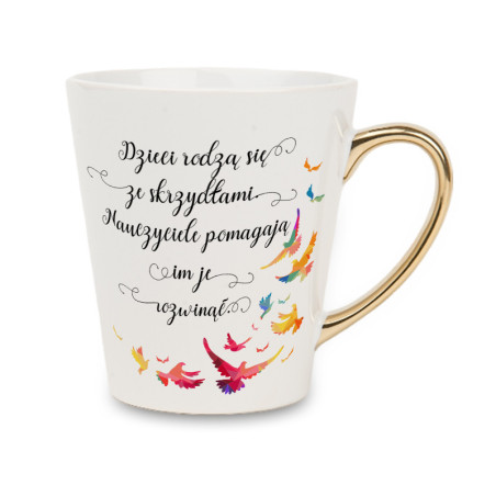 Biały kubek latte ze złotym uchwytem - Skrzydła wzór 2.