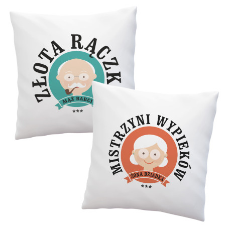 Zestaw poduszek dla Babci i Dziadka z okazji ich święta "Mistrzyni wypieków i Złota rączka".