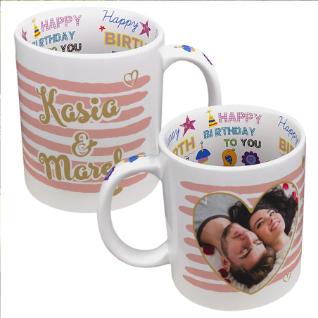 Kubek 330 ml z wnętrzem "Happy Birthday" z grafiką dla zakochanych- super prezent urodzinowy.