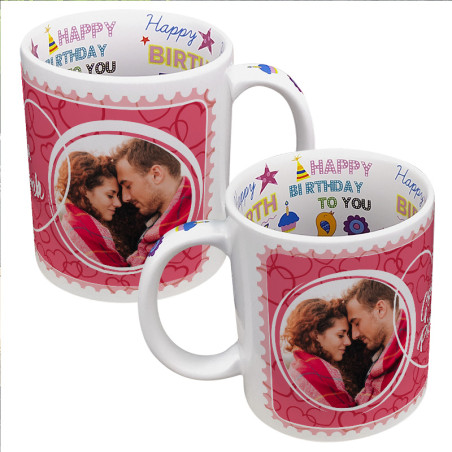 Kubek 330 ml z wnętrzem "Happy Birthday" ze zdjęciem i imionami- super prezent urodzinowy.