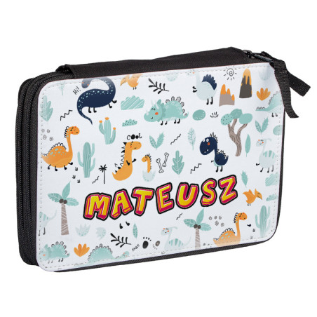 Duży piórnik dwukomorowy dla pierwszoklasisty - Dinozaury - zmień imię.