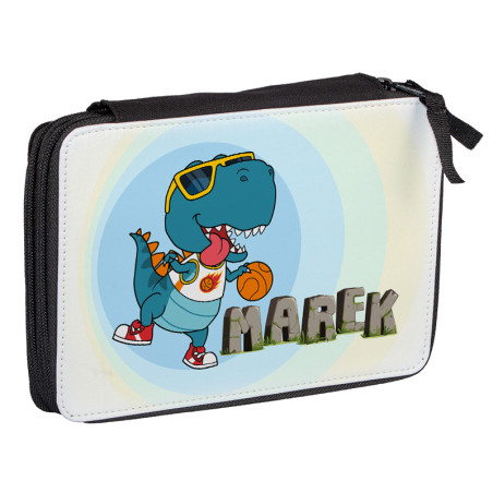 Duży piórnik dwukomorowy dla pierwszoklasisty - Dinozaury - zmień imię.