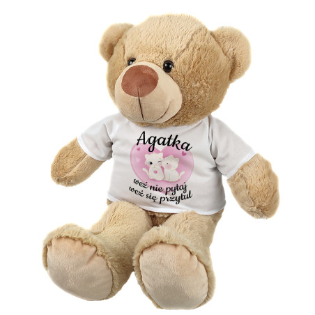 Maskotka miś duży z grafiką "Weź nie pytaj, weź się przytul" - zmień imię.