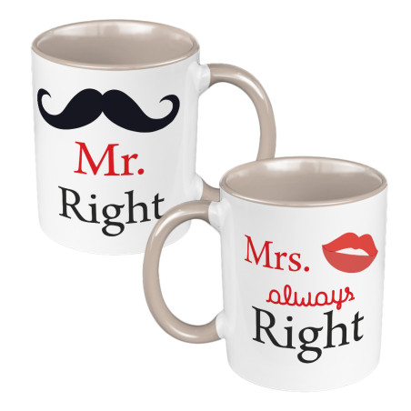 Zestaw Kubków 330 ml białe dla pary "Mr. Right & Mrs. always Right".