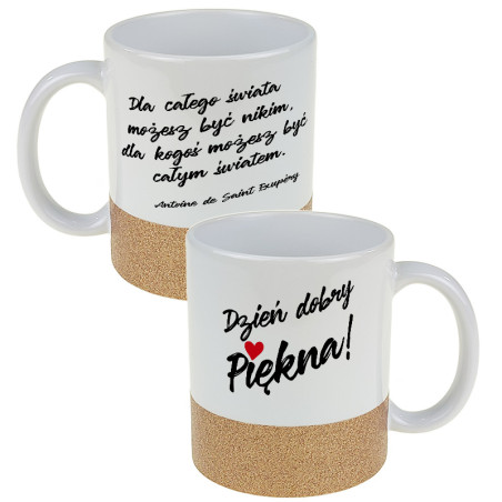 Kubek z brokatowym paskiem "Dzień dobry Piękna"- pasek złoty bądź różowy.