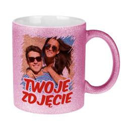 Brokatowy różowy kubek z Twoim zdjęciem, grafiką, bądź...