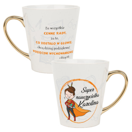 Biały kubek latte ze złotym uchwytem - Super Nauczycielka- podaj imię.