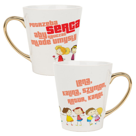Biały kubek latte ze złotym uchwytem - Nauczyciel o wielkim sercu- podaj imiona uczniów.