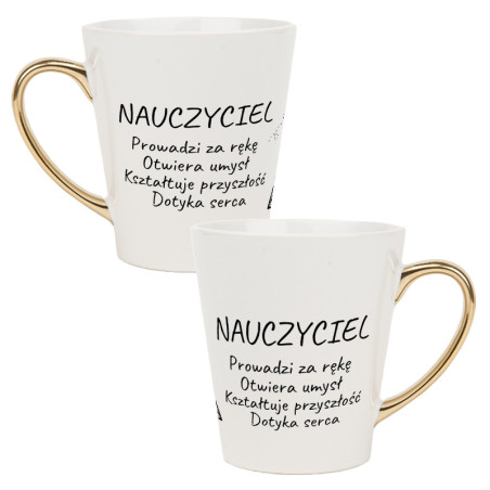 Biały kubek latte ze złotym uchwytem dla nauczyciela z sentencją.